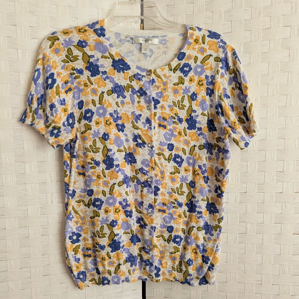 Liz Claiborne short sleeve 100% cotton sweater Rhinestone buttons Spring flowers